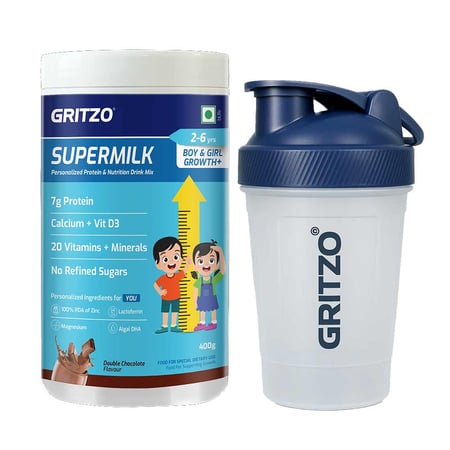 Gritzo SuperMilk Growth+ for 2-6 Yrs Boy/Girl 400 g Double Chocolate & Shaker Combo