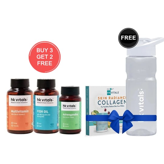 HK Vitals Ashwagandha 60 Caps & Multivitamin & Fish Oil 90 Caps with free Sipper & Skin Radiance Collagen