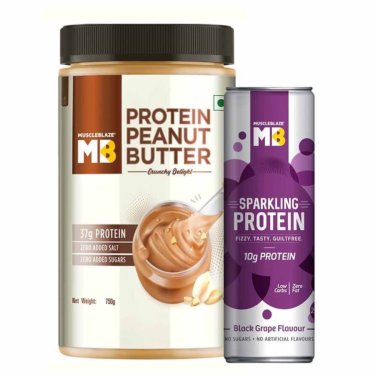 1 - MuscleBlaze High Protein Peanut Butter 750 g Unsweetened Crunchy with Sparkling Protein Water,  Black Grape  250 ml 