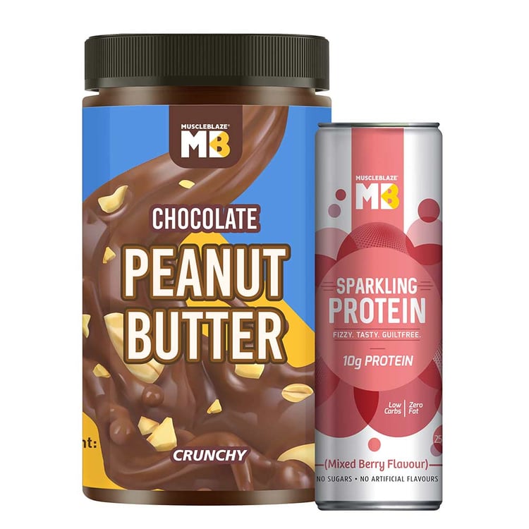 2 - MuscleBlaze Chocolate Peanut Butter 750 g Crunchy with Sparkling Protein Water,  Mixed Berry  250 ml 