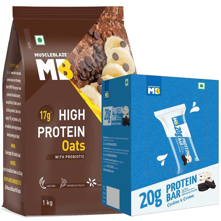 MuscleBlaze High Protein Oats 1 kg & Protein Bar 20 gm 6 bars Combo