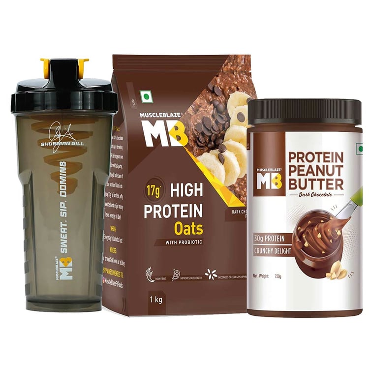 MuscleBlaze High Protein Oats 1 kg & Peanut Butter 750 g & Shaker Combo