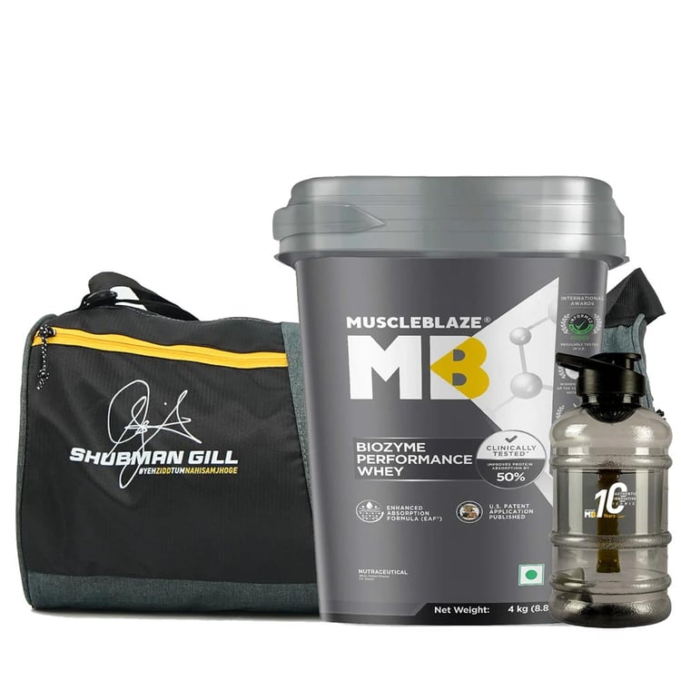 MuscleBlaze Biozyme Performance Whey 4 kg & Gym Bag & Gallon Bottle Combo