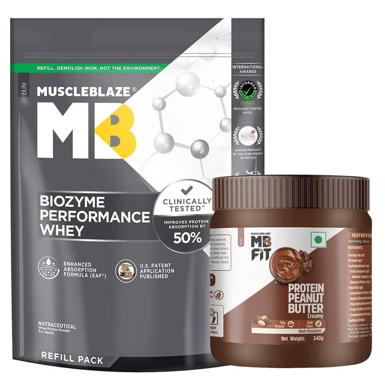 MuscleBlaze Biozyme Performance Whey 1 kg Refill Pack Rich Chocolate & High Protein Peanut Butter 340g Combo