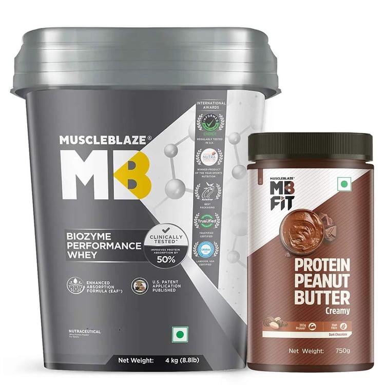 MuscleBlaze Biozyme Performance Whey 4kg Chocolate Hazelnut & High Protein Peanut Butter 750g Dark Chocolate Creamy Combo
