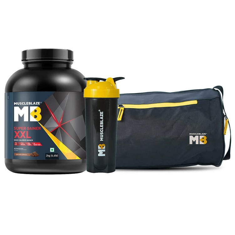 MuscleBlaze Super Gainer XXL 2kg Chocolate & Gym Bag & Shaker Combo