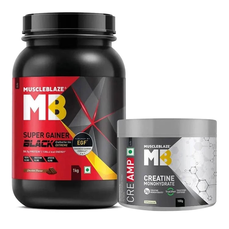 MuscleBlaze Super Gainer Black 1 kg & Creatine Monohydrate CreAMP 0.22 lb Combo