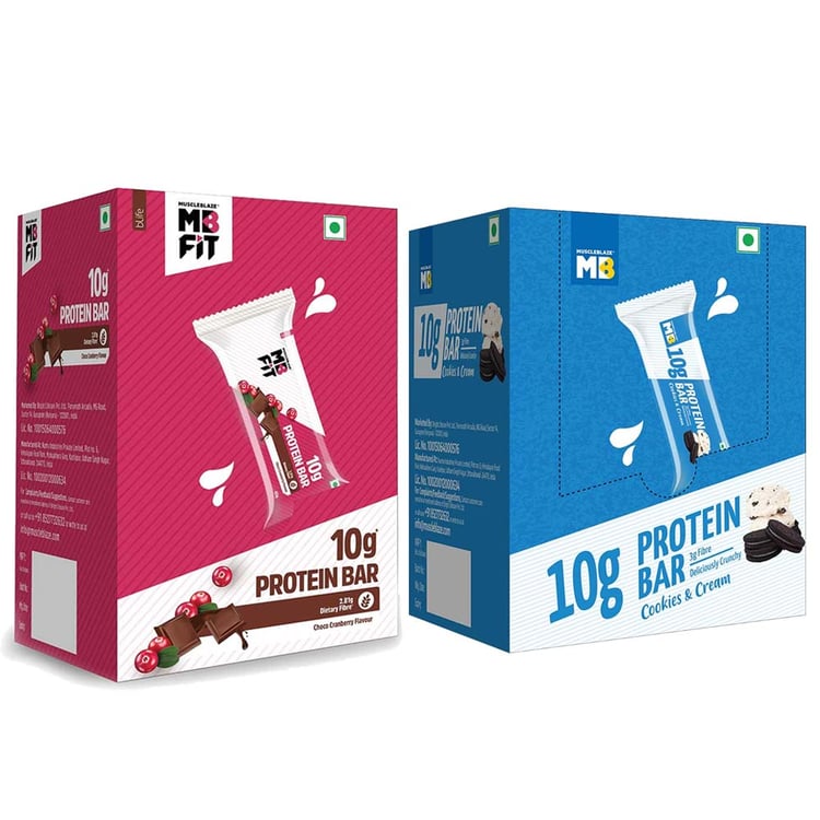 MuscleBlaze Protein Bar 10 g protein 6 bars Cookies & Cream & Choco Cranberry Combo