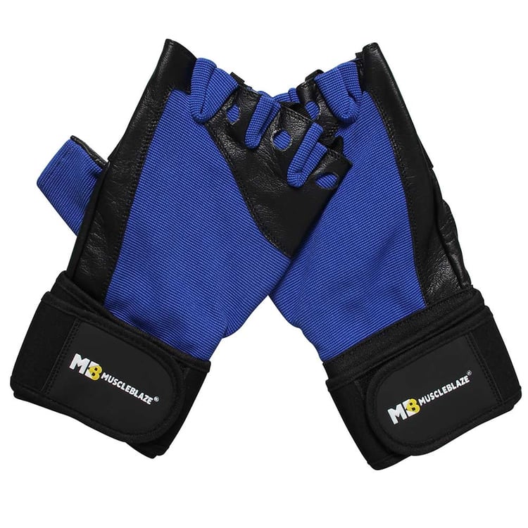 1 - MuscleBlaze Fitness Leather Gloves,  Black & Blue  Medium 
