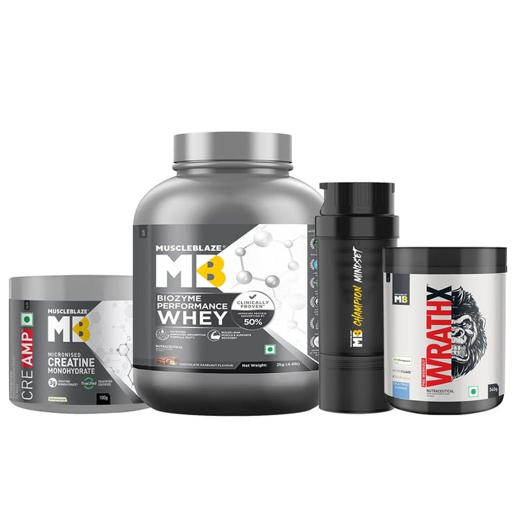 Biozyme Performance Whey 2 kg Chocolate Hazelnut & Creatine Monohydrate CreAMP 100g & Pre Workout WrathX 340g Cola Frost & Shaker Combo