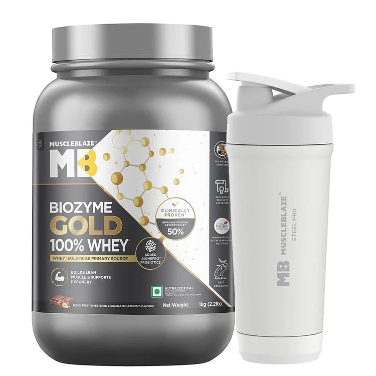 Biozyme Gold Whey 1 kg Chocolate Hazelnut & Steel Shaker Pro 700 ml Combo