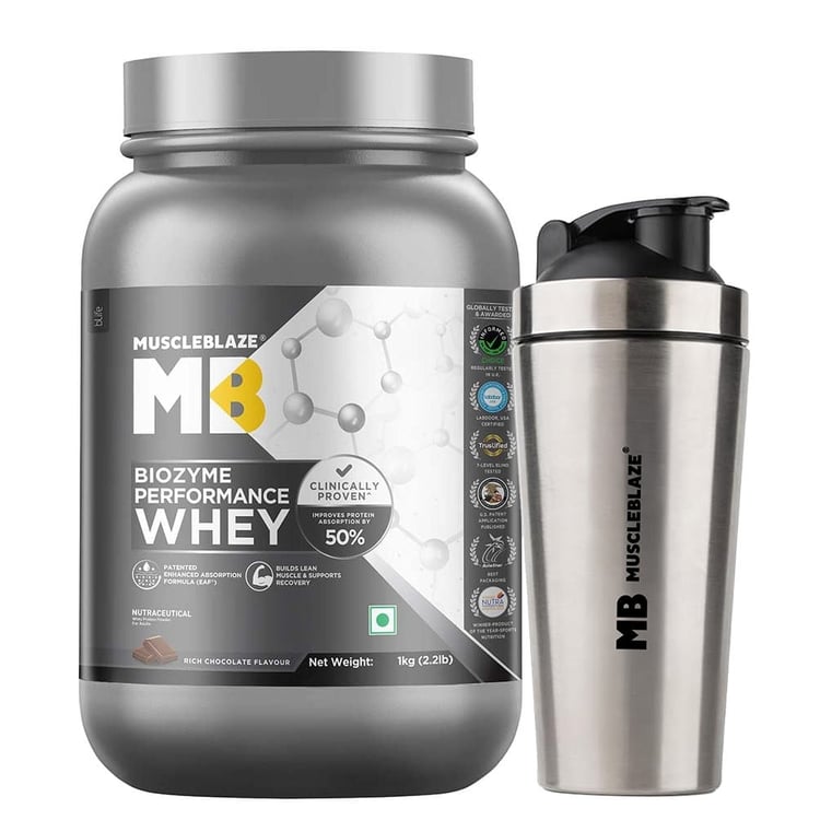 Biozyme Performance Whey 1 kg & Steel Shaker 700 ml Combo