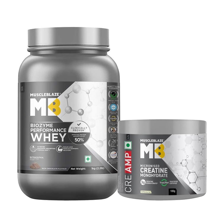 8 - MuscleBlaze Biozyme Performance Whey,  2.2 lb  Rich Chocolate, Creatine Monohydrate CreAMP Unflavoured 0.22 lb 