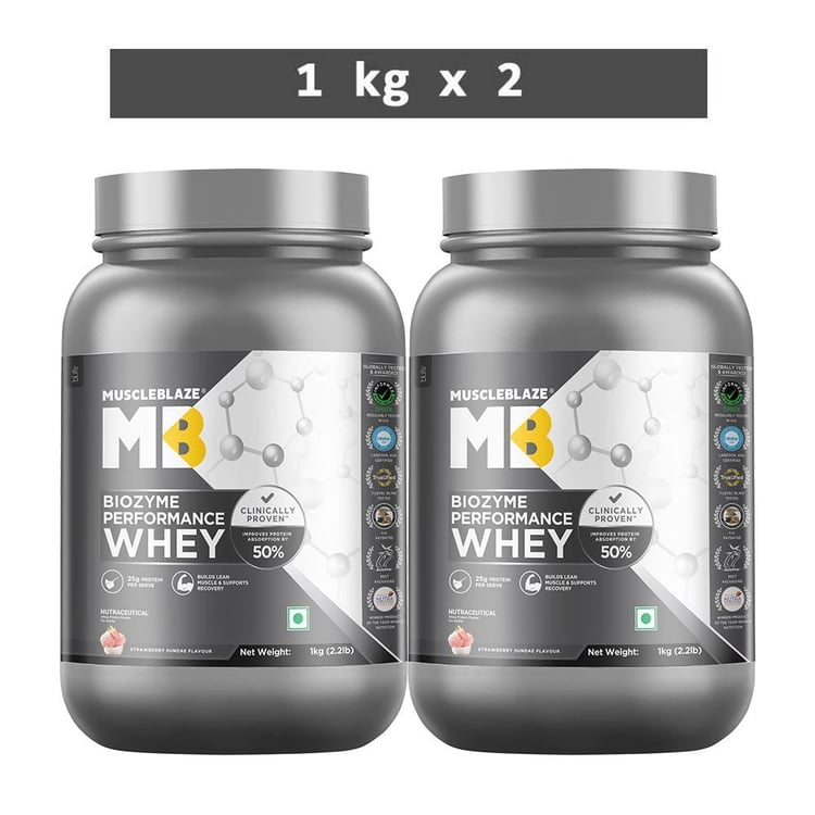MuscleBlaze Biozyme Performance Whey, 4.4 lb Strawberry Sundae