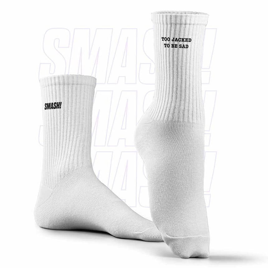 Smash Socks, White- Too Jacked Crew Length